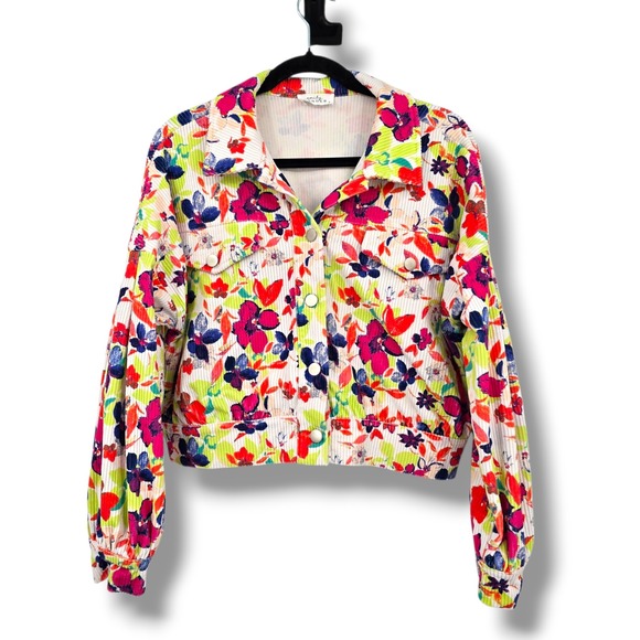 Emily Wonder Floral Corduroy Cropped Jacket Long Balloon Sleeves - Picture 1 of 14